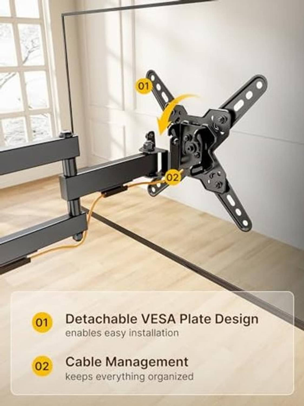 Full motion TV wall mount bracket with detachable VESA plate and cable management