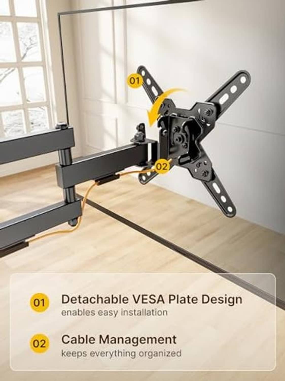 Full motion TV wall mount bracket with detachable VESA plate and cable management