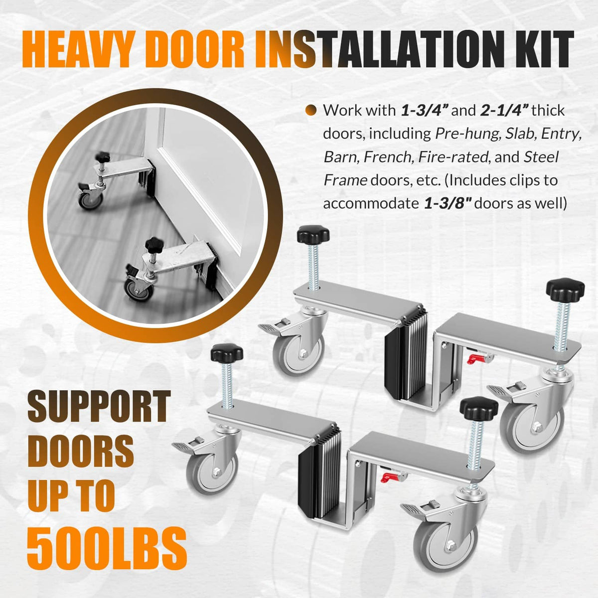 Heavy door installation hardware kit with four casters and metal door support frames