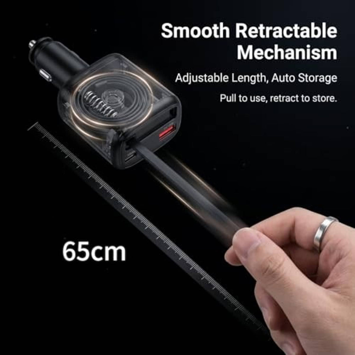Black retractable car charger with extended cable and visible retraction coil