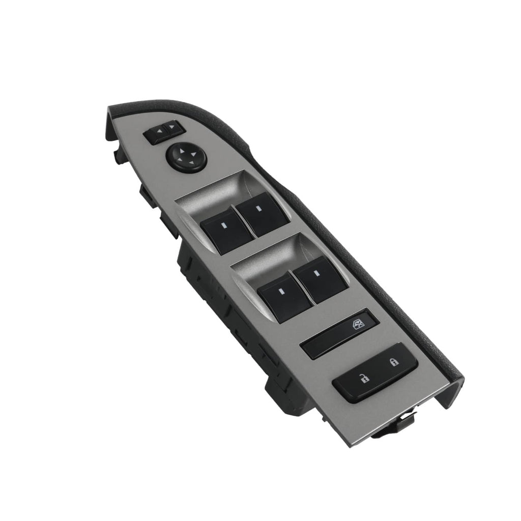 Power window switch with black bezel, angled view of controls and side edge mounting tabs