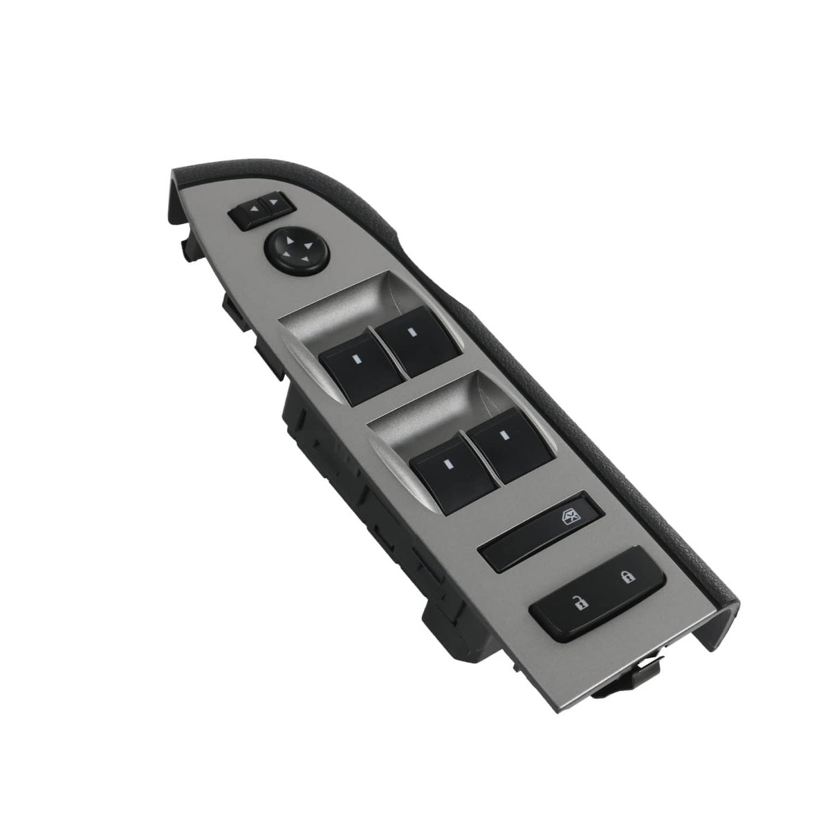 Power window switch with black bezel, angled view of controls and side edge mounting tabs
