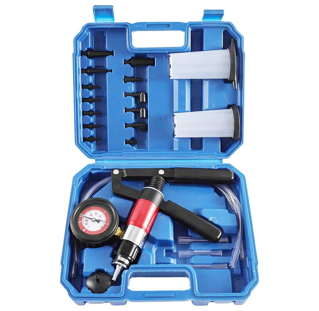Open blue storage case with vacuum pressure pump, pressure gauge, and accessories