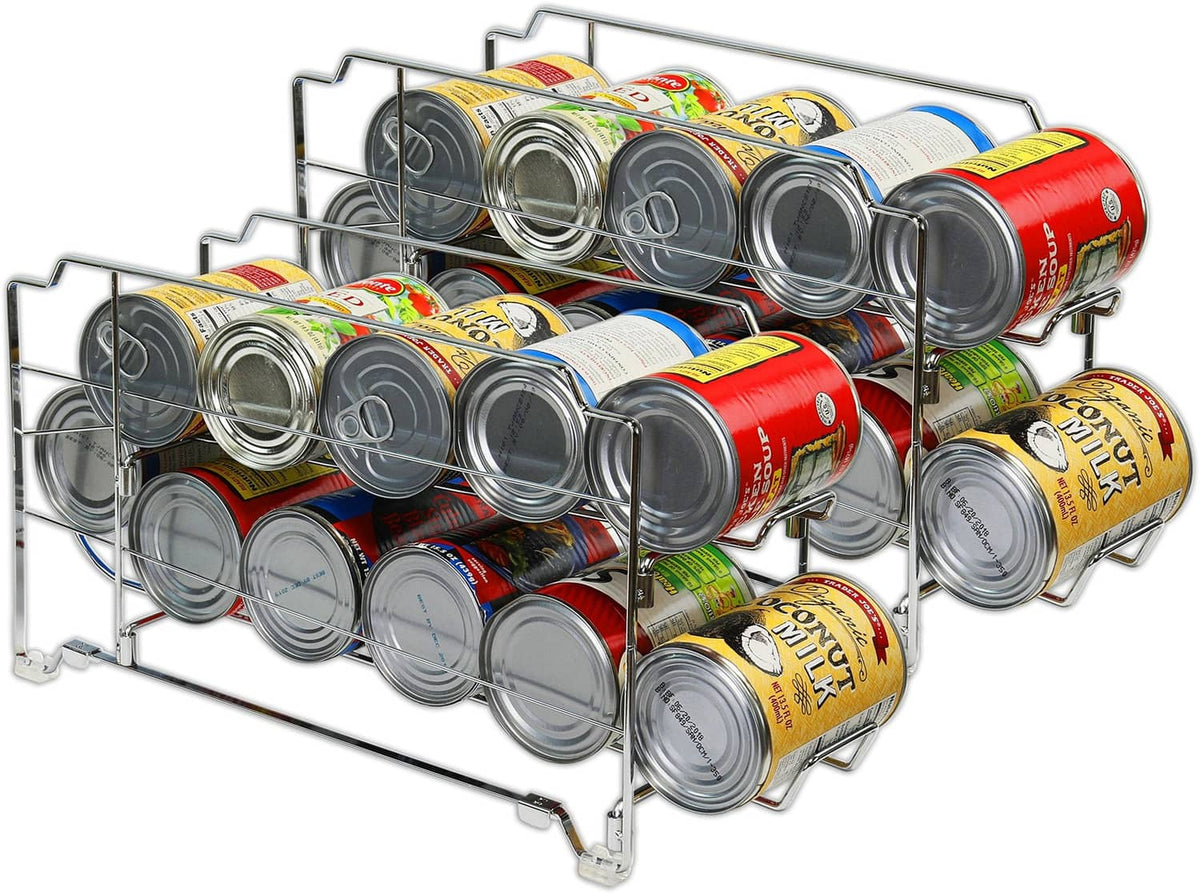 Stackable can dispenser rack holding mixed beverage cans, chrome front frame