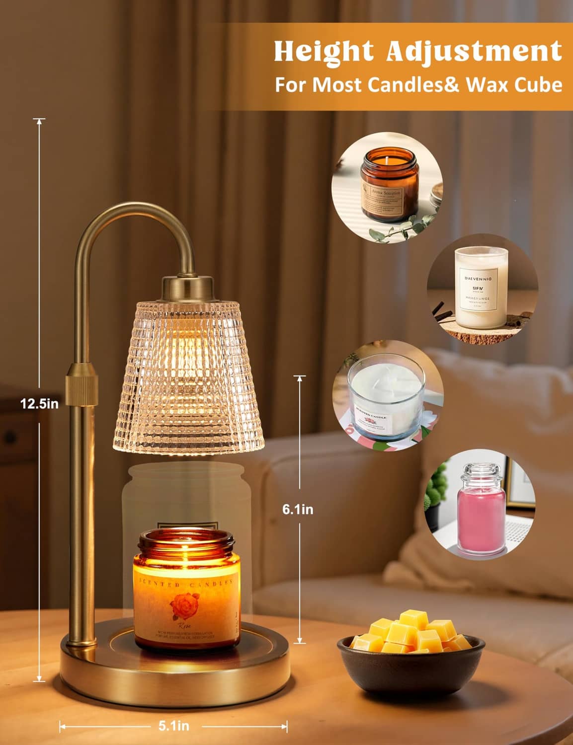 Gold candle warmer lamp with adjustable height stand and warming jar candle under glass shade