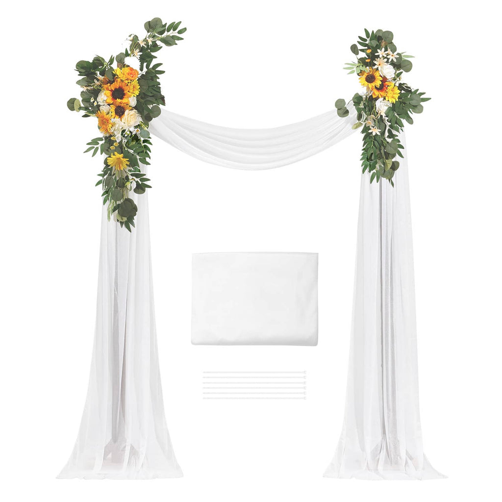 Wedding arch floral kit with two hanging white drapes and green wreaths with yellow blooms