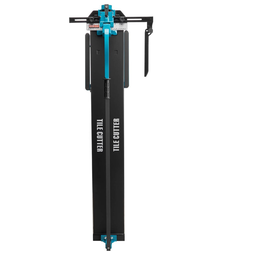 Manual tile cutter standing with teal clamp and black cutting rails, compact design