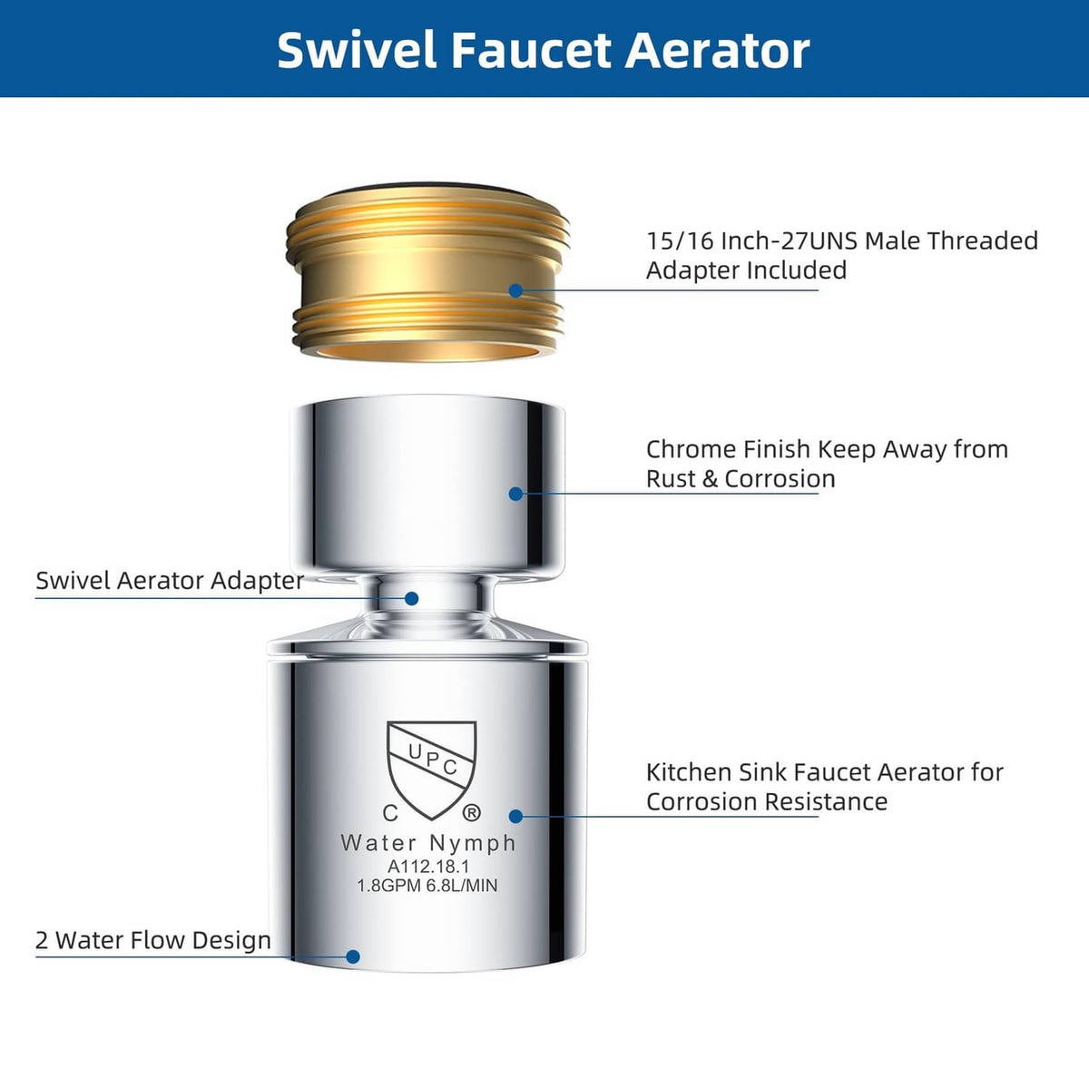 Chrome swivel faucet aerator, 15/16–27UNS male threaded adapter included