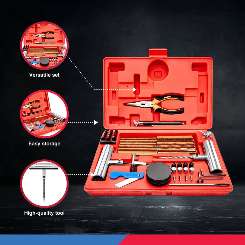 Red tubeless tire repair kit case open with plug tools, handle, and tool heads
