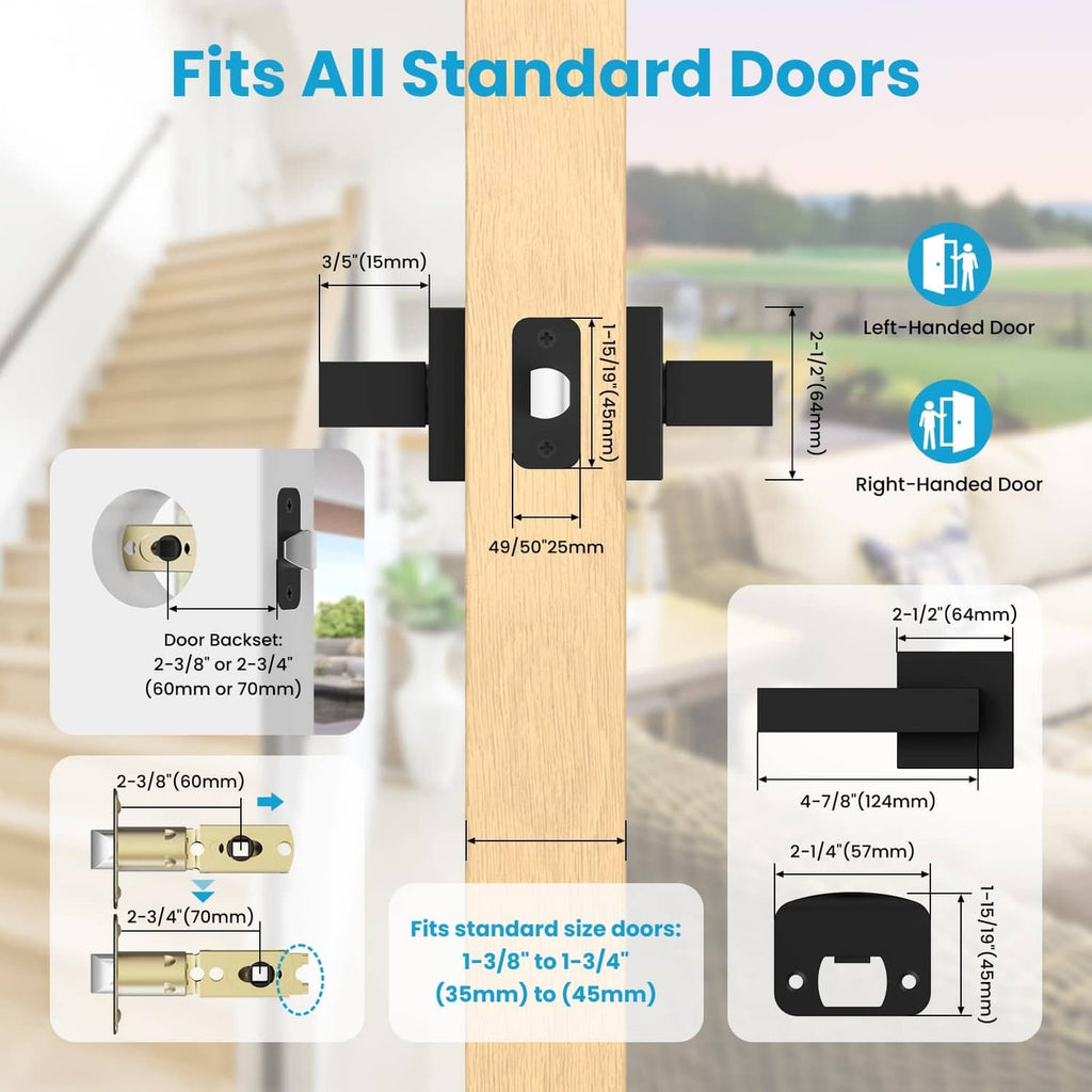 Matte black passage door lever dimensions for standard doors, non-locking 2-pack set