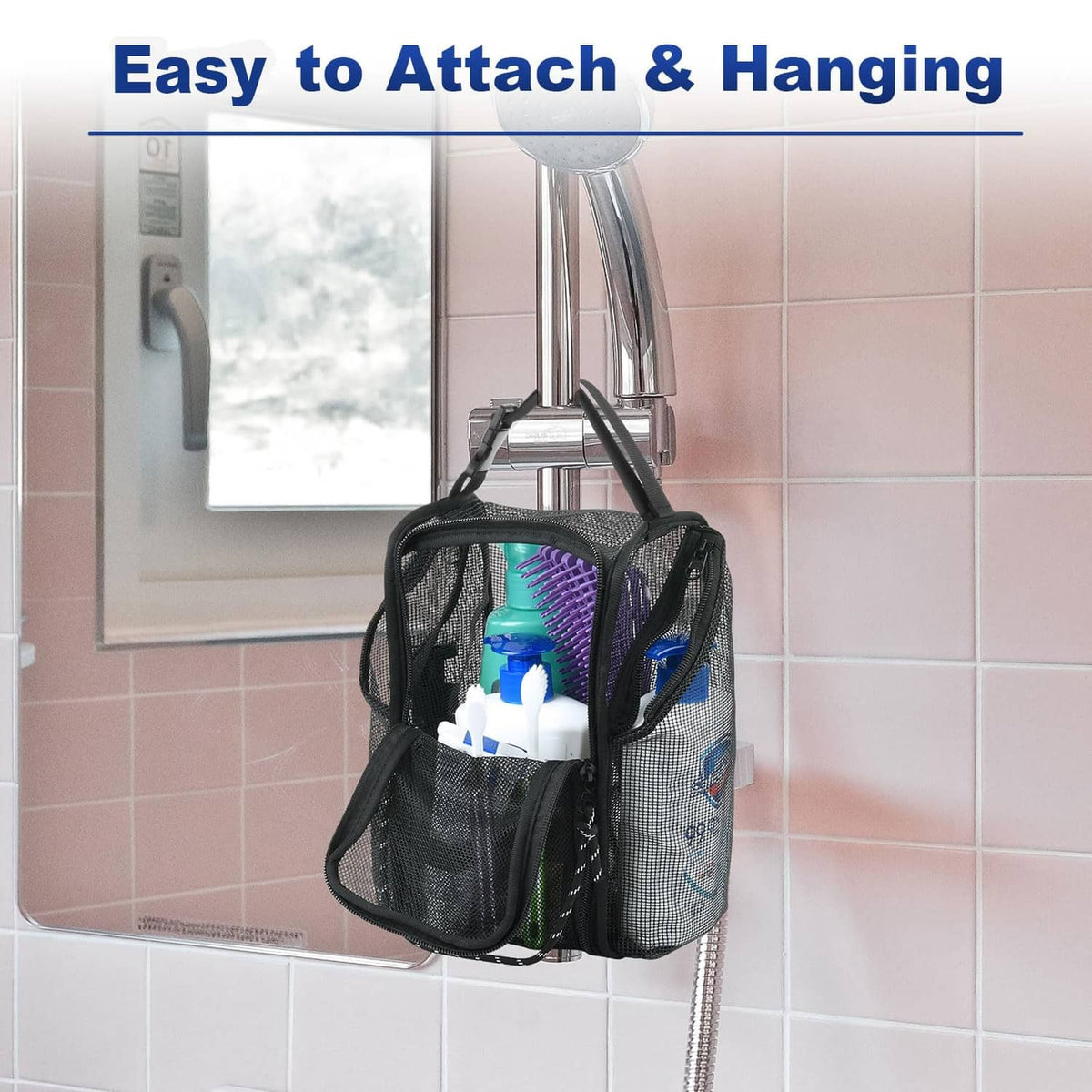 Black hanging mesh shower caddy toiletry organizer with top handle and zipper closure