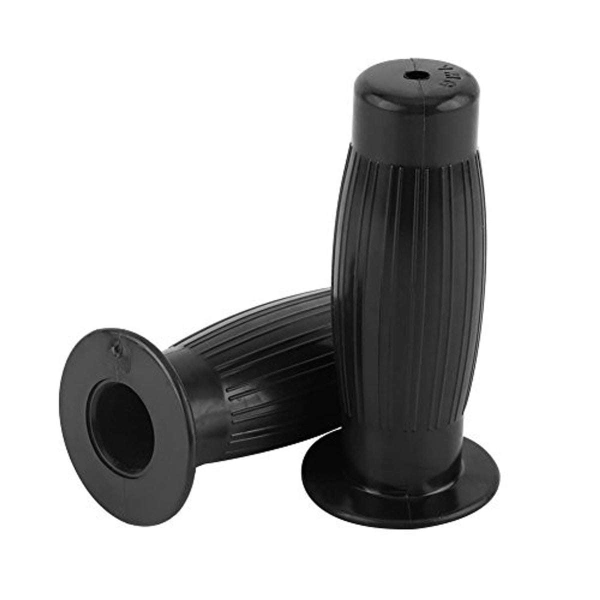Black motorcycle handlebar grips showing open inner ends and ribbed grip texture