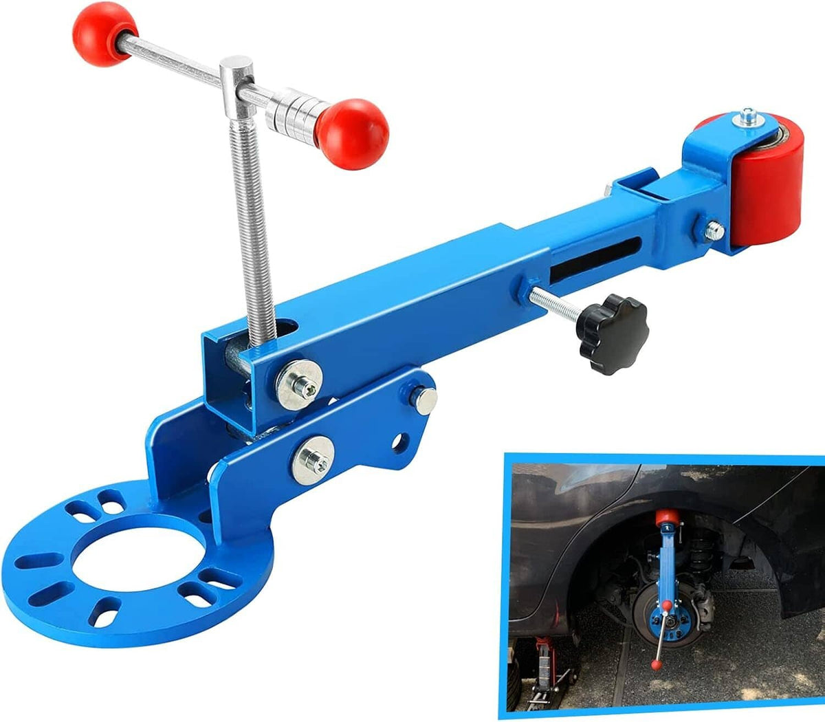 Wheel arch roller flaring tool with blue frame, red handles, threaded adjustment rod