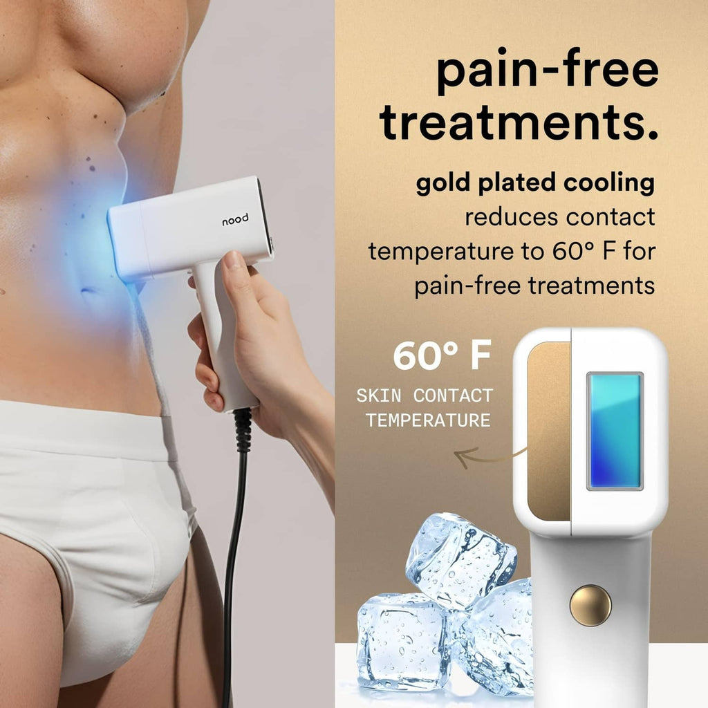 Matte white IPL device pressed against skin, showing blue cooling light display