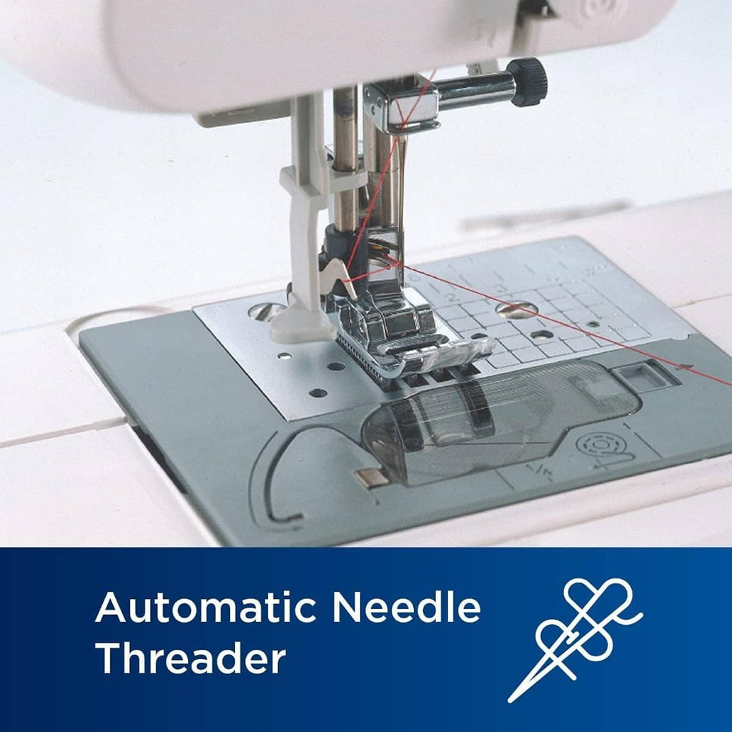Sewing machine presser foot and needle area with automatic needle threader