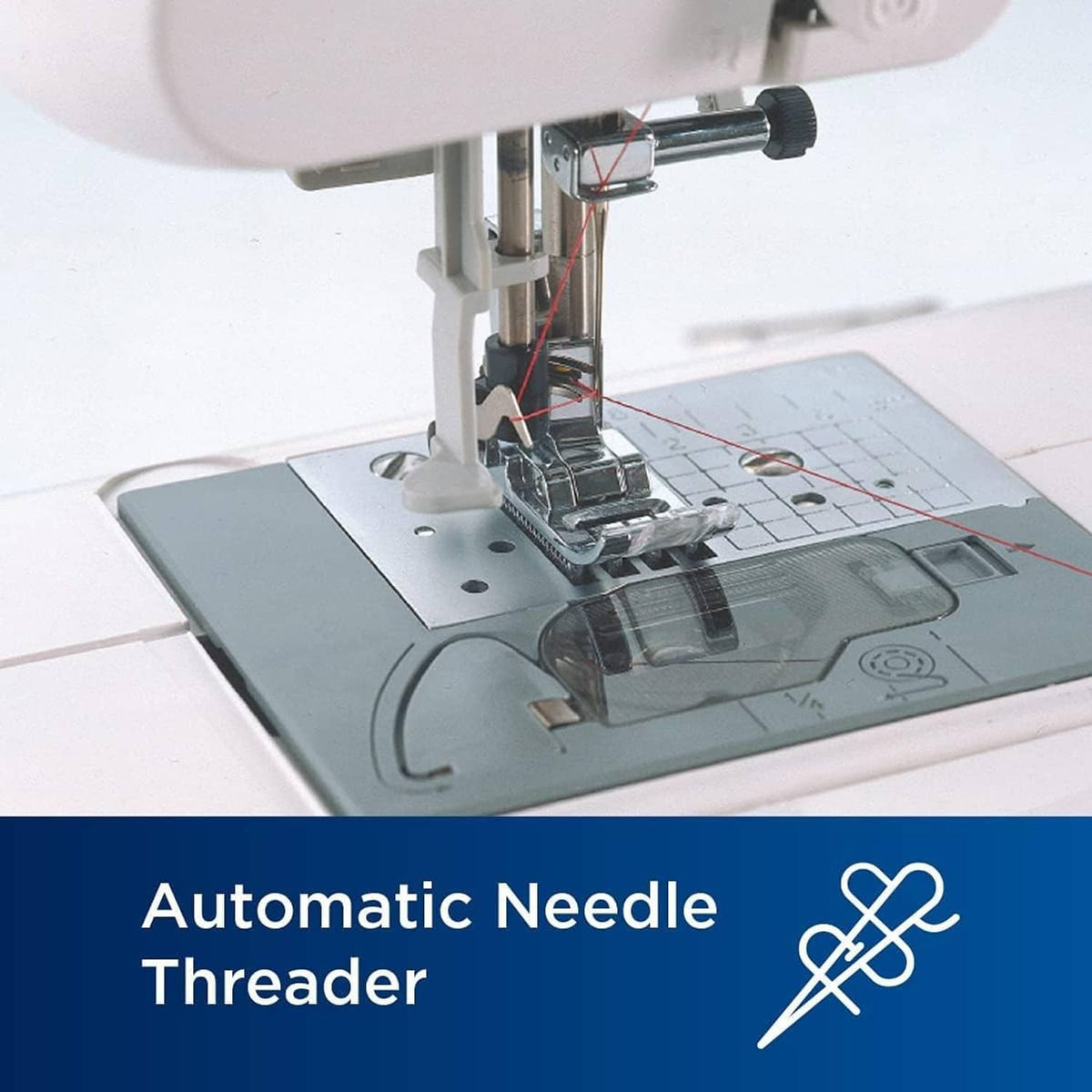 Sewing machine presser foot and needle area with automatic needle threader
