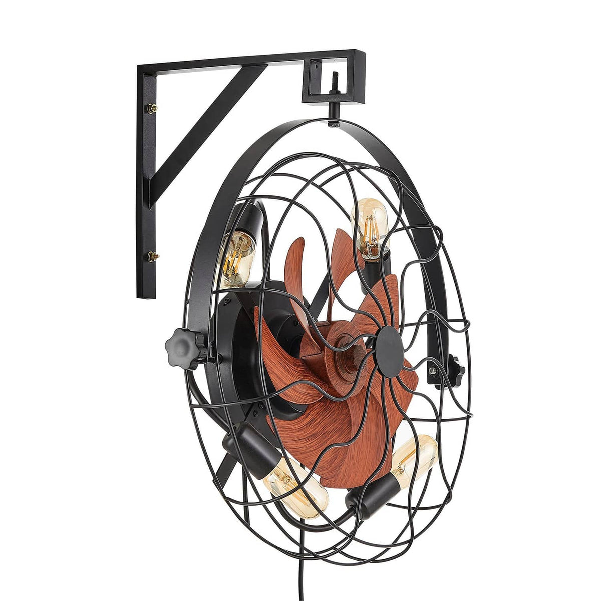Wall-mounted fan with light, black cage and wooden blades, bulb sockets on wall mount