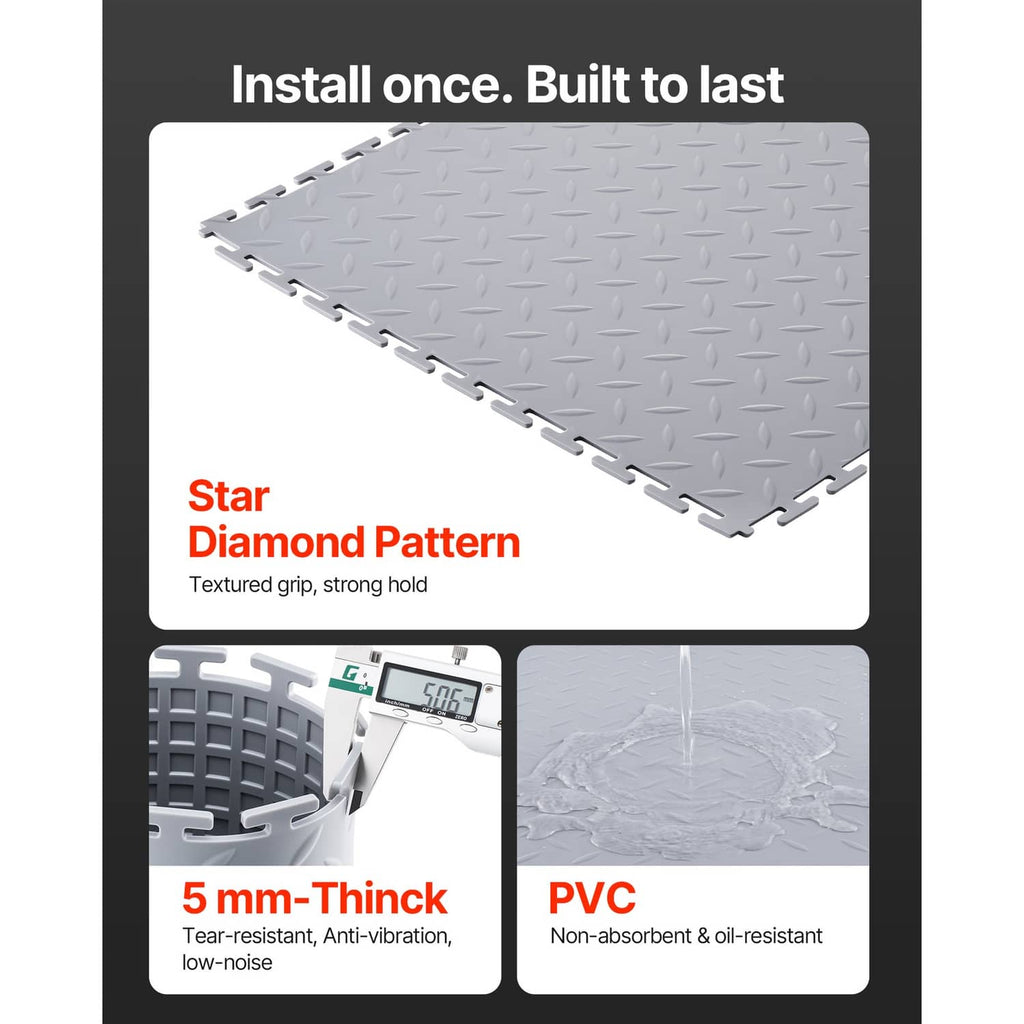 Light gray interlocking garage floor tile with star diamond pattern texture