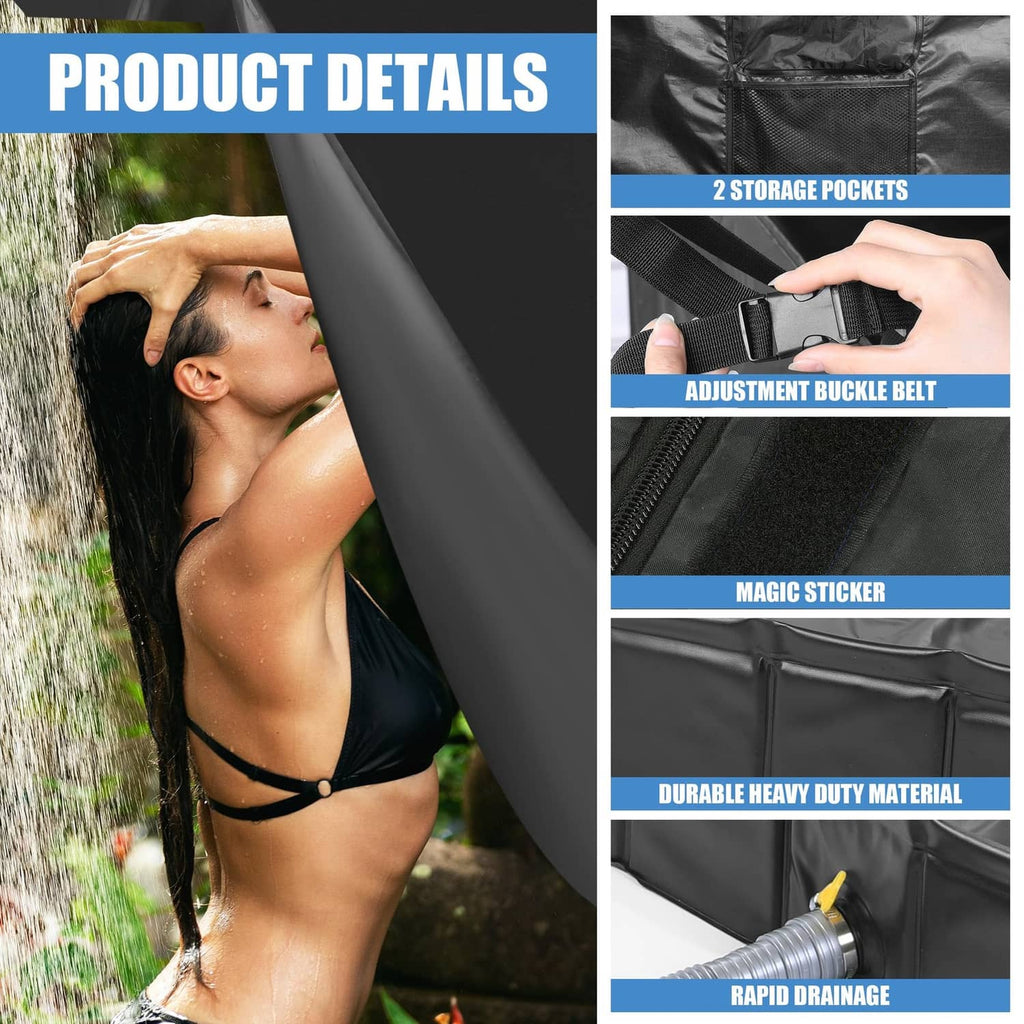 Black shower tent fabric with two storage pockets and adjustable curtain buckle belt