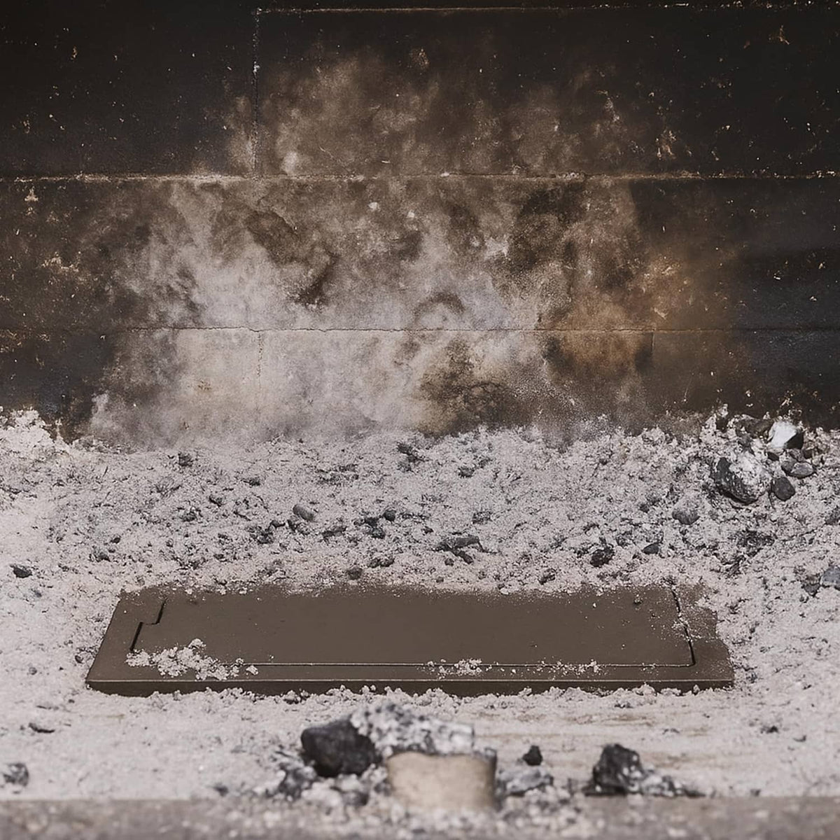 Blackish brown cast iron ash dump door on hearth covered with ash