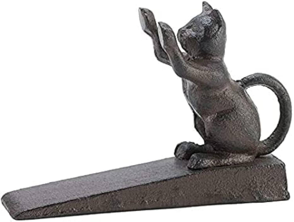 Cast iron cat door stopper with loop handle, dark gray finish, hinged base