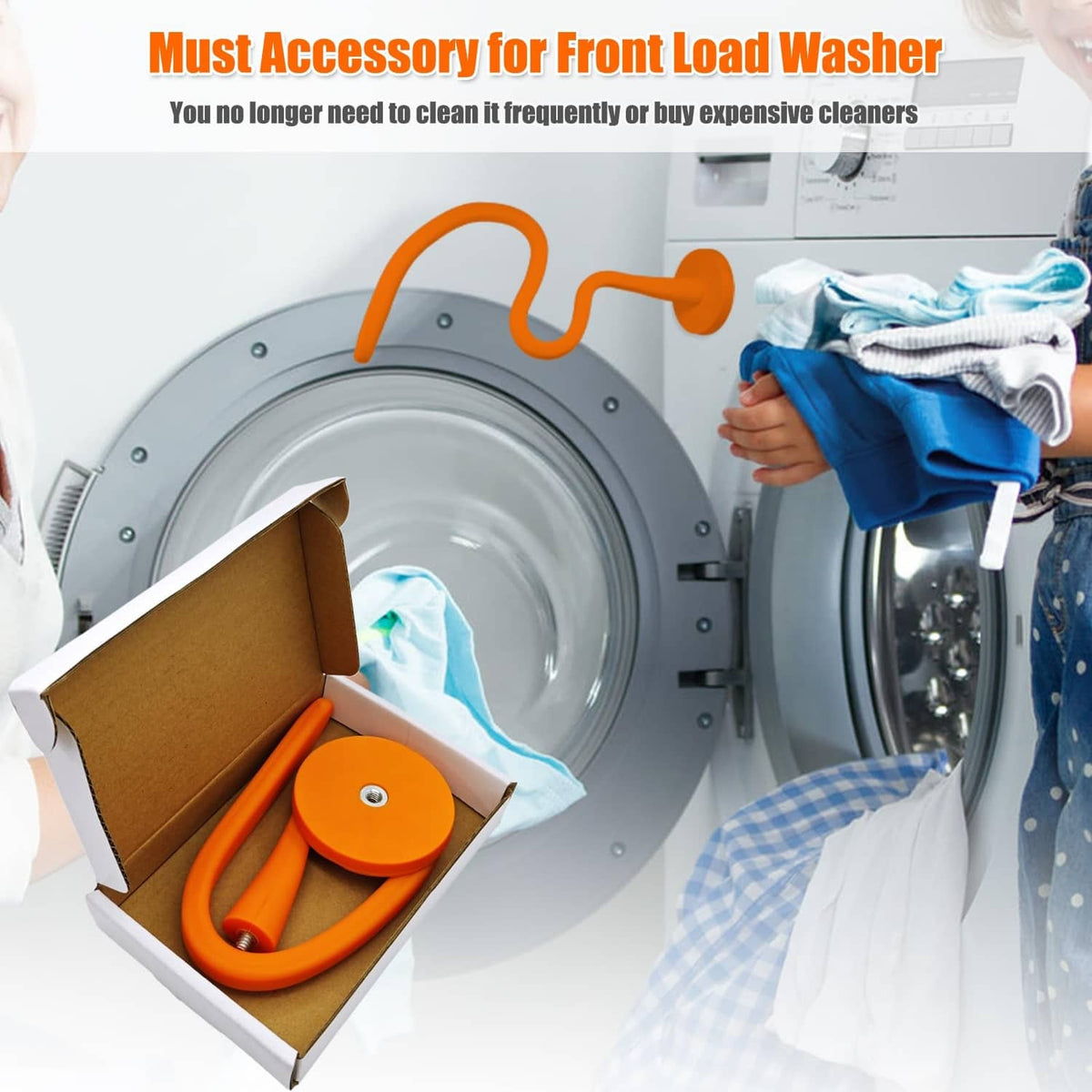 Orange front-load washer door prop accessory in a retail box