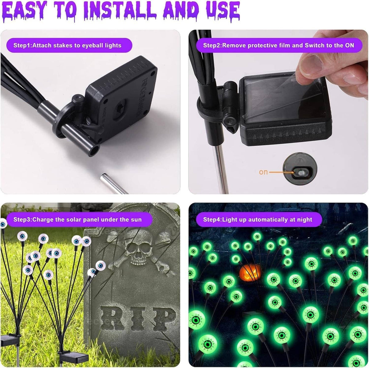 Solar Halloween light set showing black stakes and solar power control box for installation