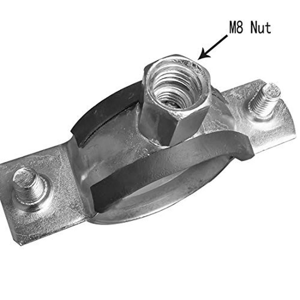 Metal pipe hanger clamp with M8 nut and black rubber ring insert for 1 in pipe