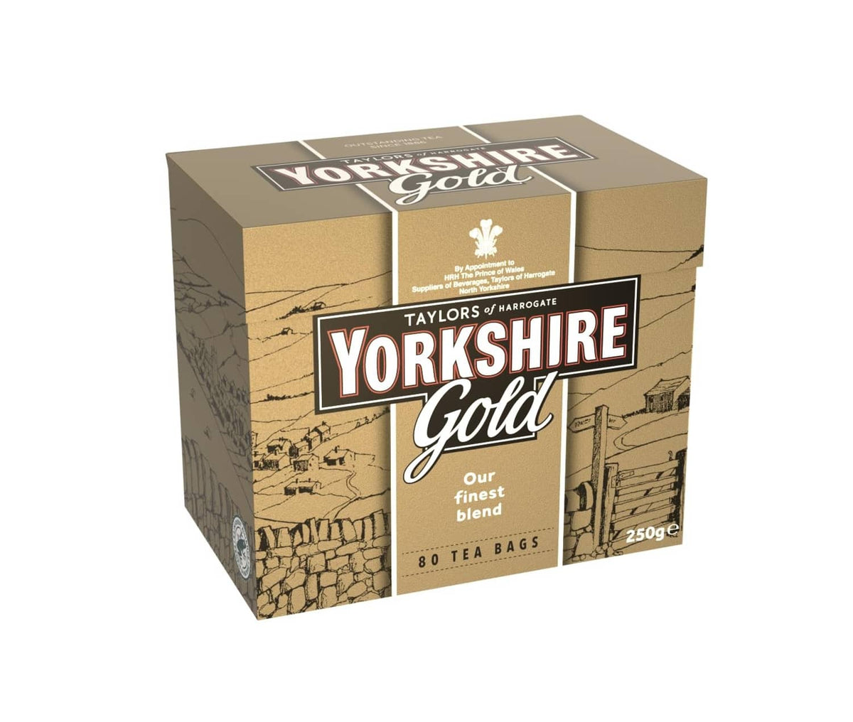 Taylors of Harrogate Yorkshire Gold tea box, 80 teabags, angled view