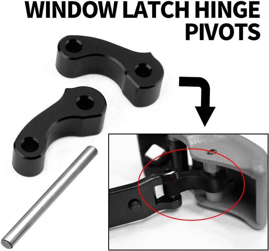 Black window latch hinge pivots with silver pin, installation diagram showing pivot location