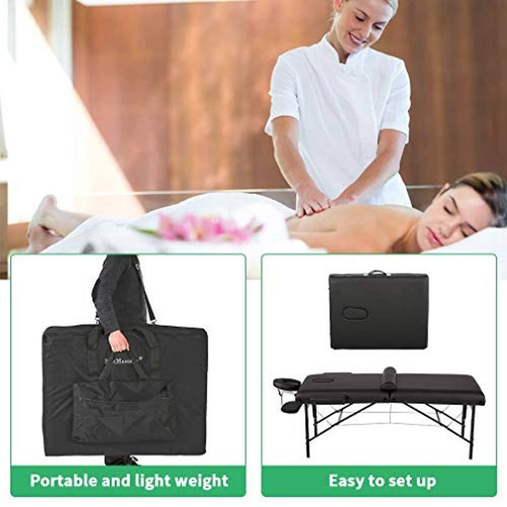 Black portable massage table with carrying case and foldable metal support frame