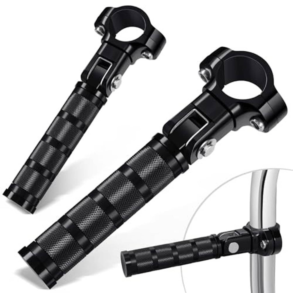 Pair of black knurled motorcycle foot pegs with metal clamp collars and bolts