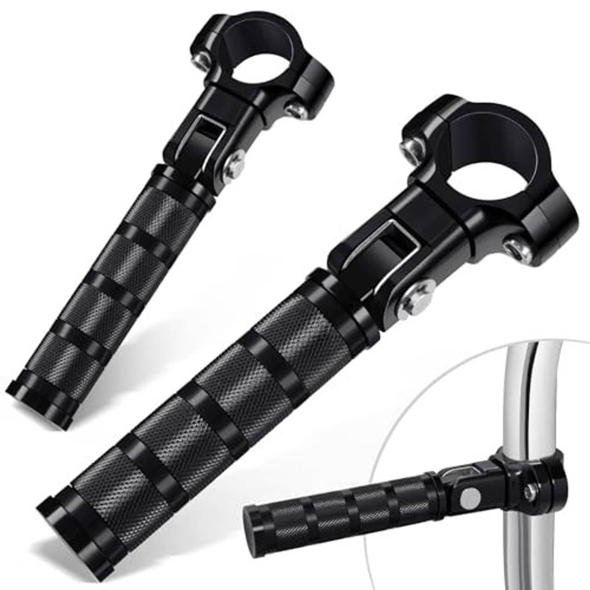 Pair of black knurled motorcycle foot pegs with metal clamp collars and bolts