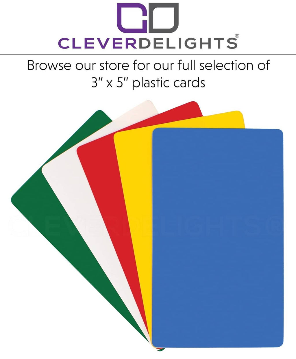 CleverDelights plastic cards in assorted colors, 3 x 5 in size, stacked