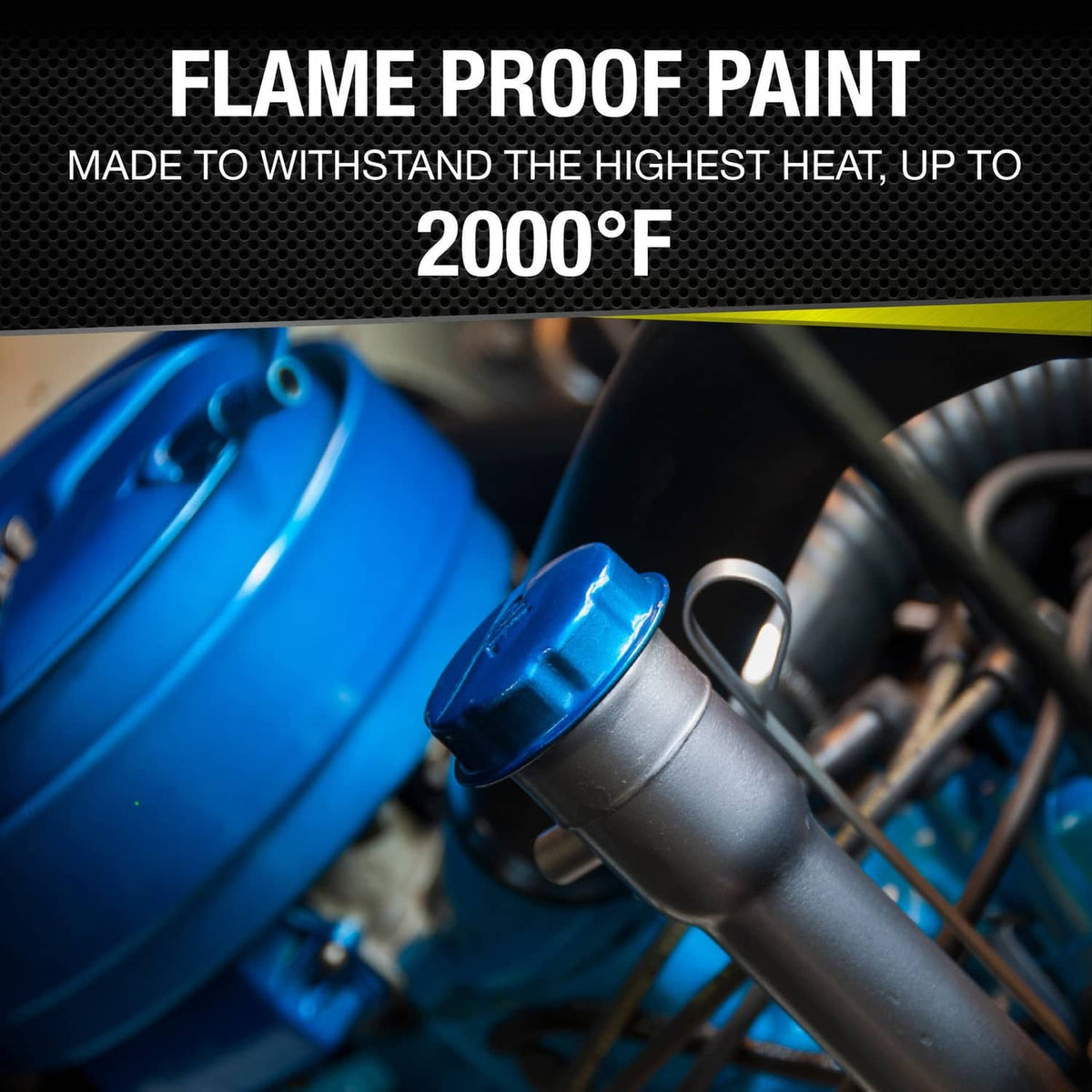 VHT high-temp spray paint can near engine parts with blue engine components