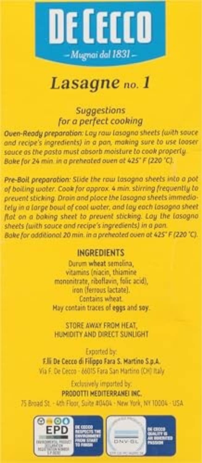 De Cecco Lasagne no. 1 back panel showing ingredients and storage instructions