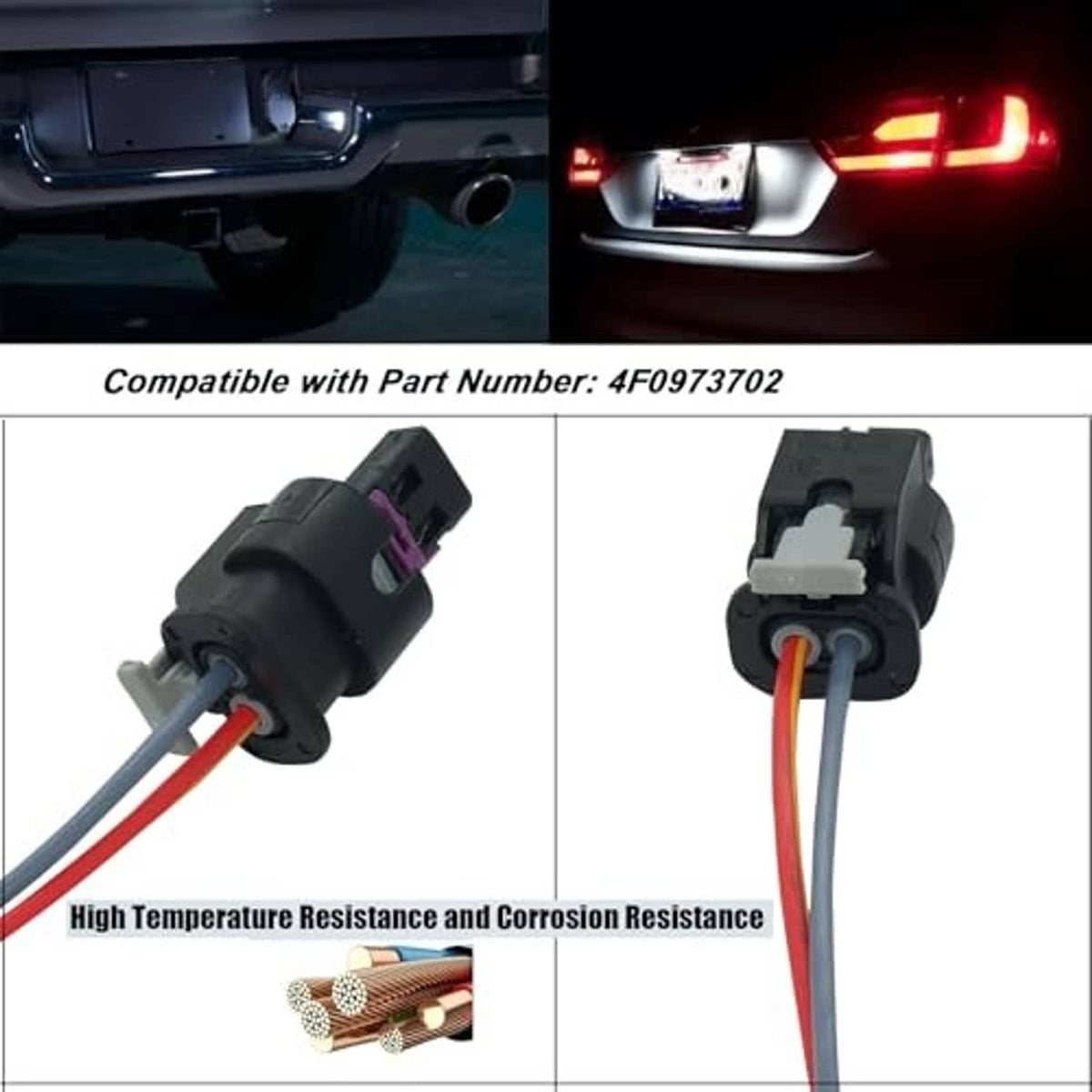 License plate light electrical connector pigtail with purple terminal insert and dual wires