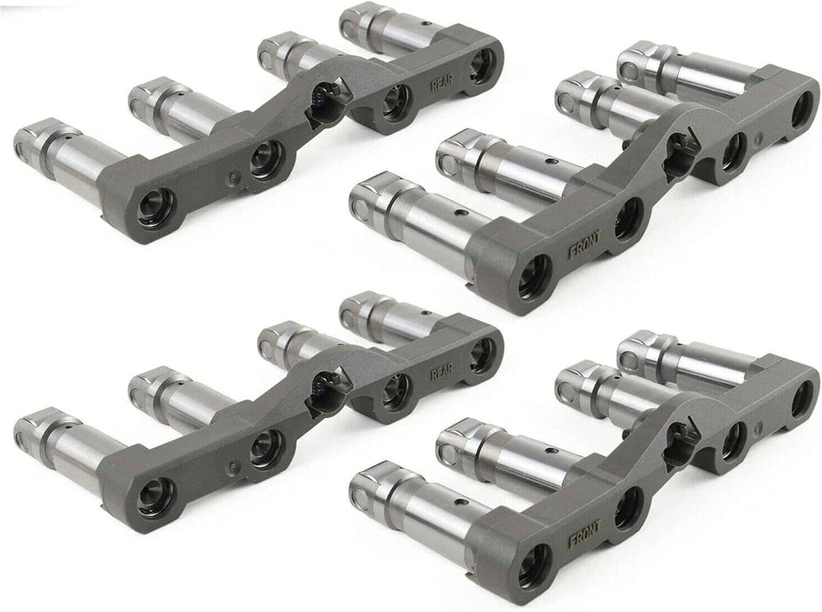 Hydraulic lifters with silver plungers in gray carrier blocks, multiple pairs shown