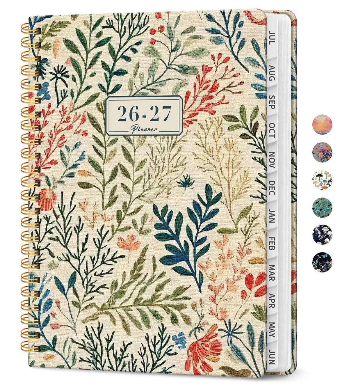 Taja Planner 2026-2027 beige floral fabric cover with spiral binding and date label