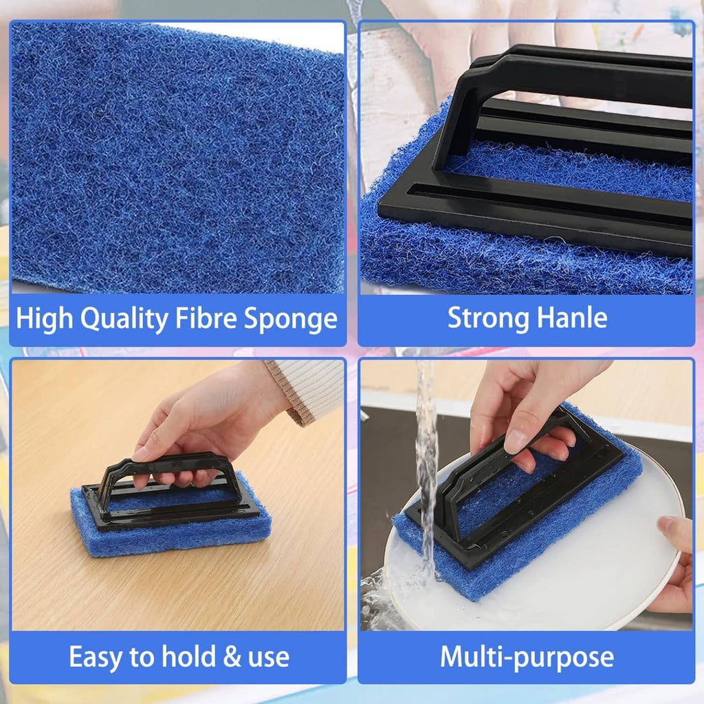 Scrub brush pads with black handle frame and blue sponge, shown in multi-angle views.