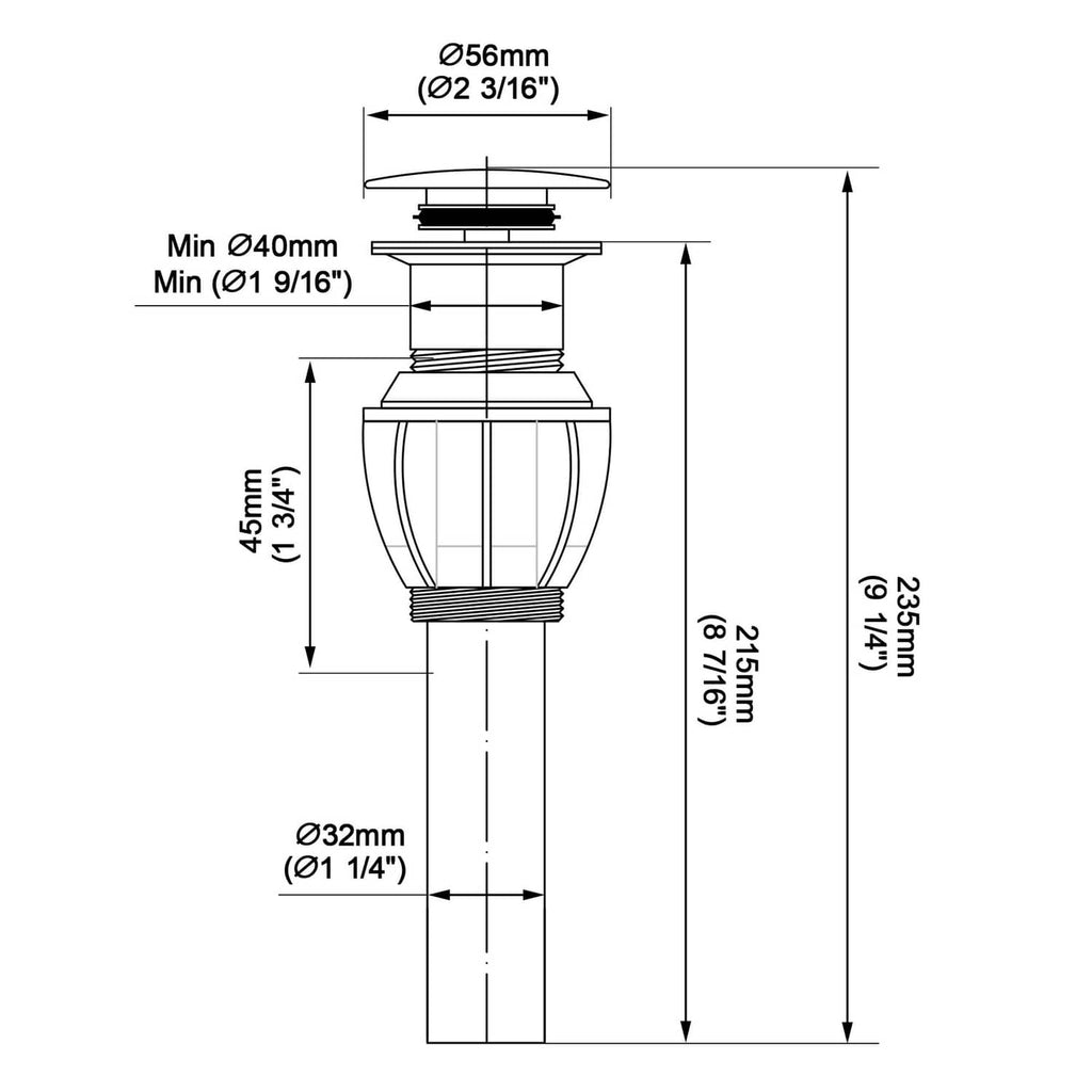 Vessel sink drain dimensions diagram with brushed metal pop-up top and black body