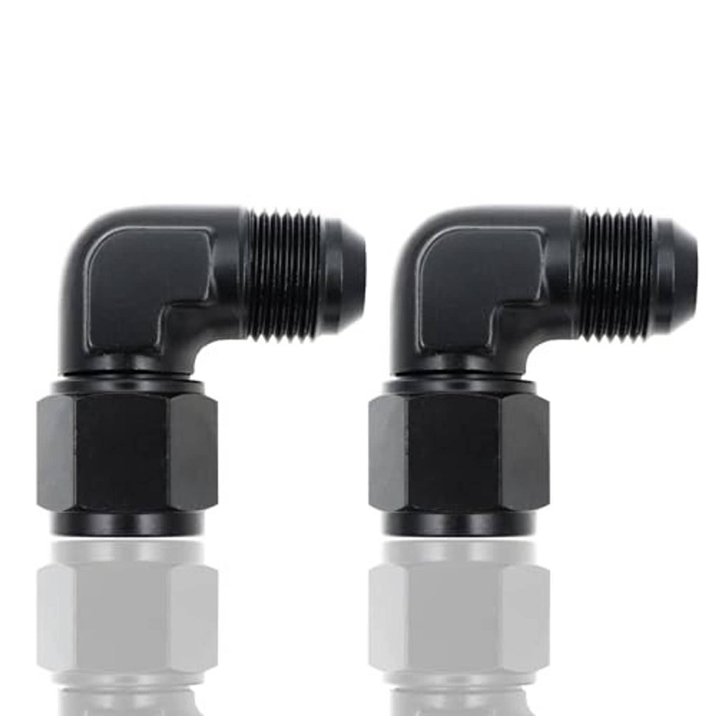 Pair of 90° black AN swivel elbow fittings, male threaded ports visible