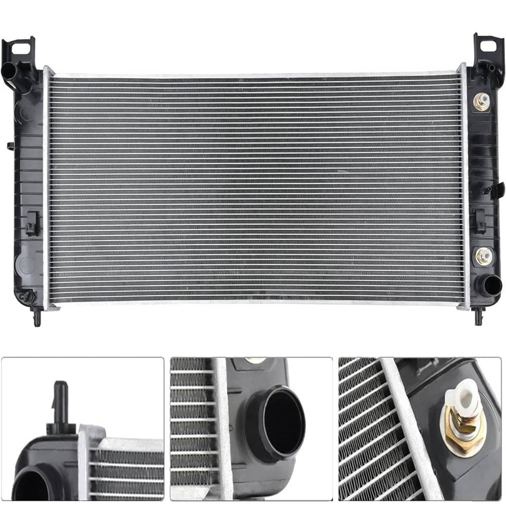Aluminum radiator front with inset views of ports and cooling fin channels