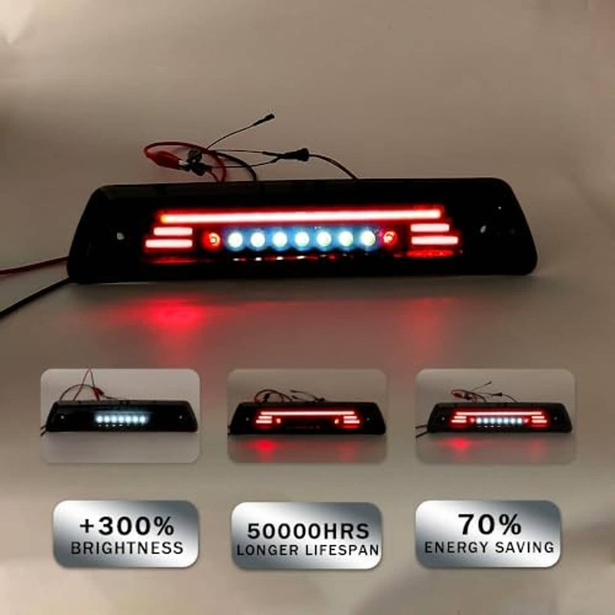LED third brake light with black housing showing red glow and white LED dots
