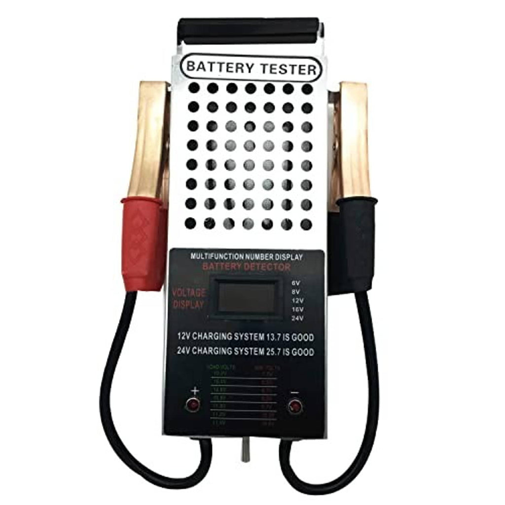 Battery load tester front view with wired red and black clamps and digital LCD voltage