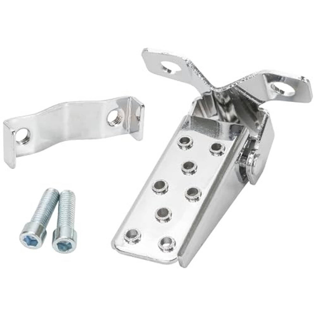 Metal folding foot peg clamps with perforated platform, side brackets, and screws