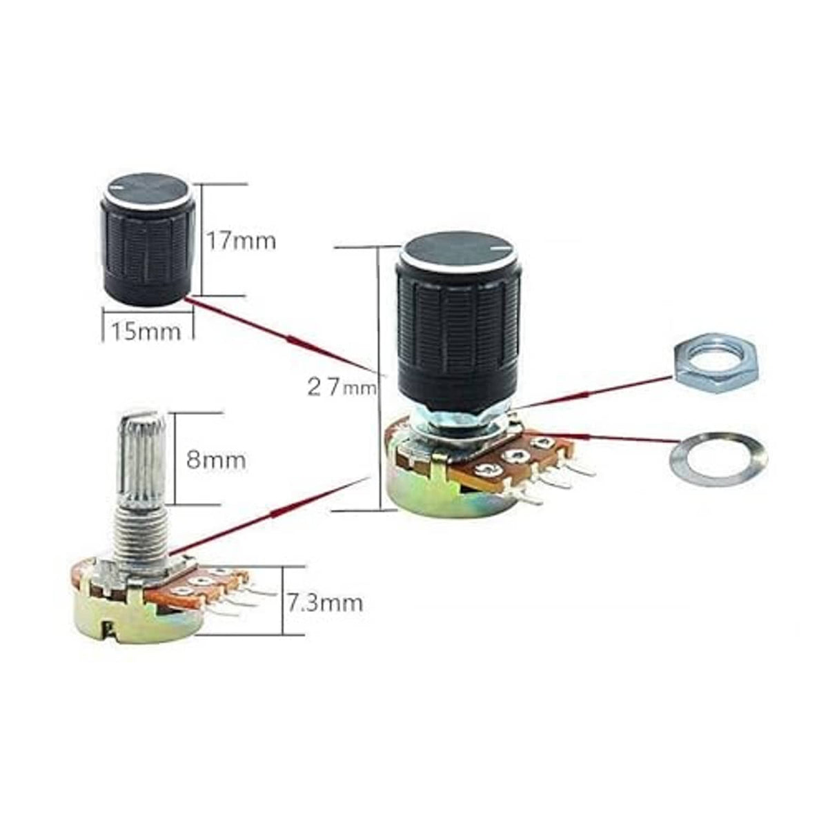 Rotary potentiometer with black knob, metal shaft, yellow base, and mounting hardware