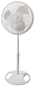 Lasko 16-inch white oscillating stand fan with circular grille and pedestal base.