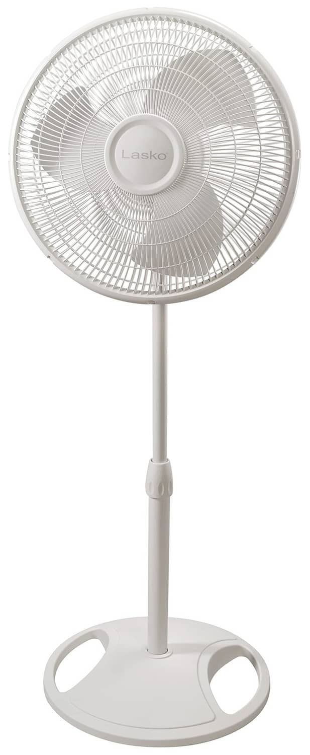 Lasko 16-inch white oscillating stand fan with circular grille and pedestal base.