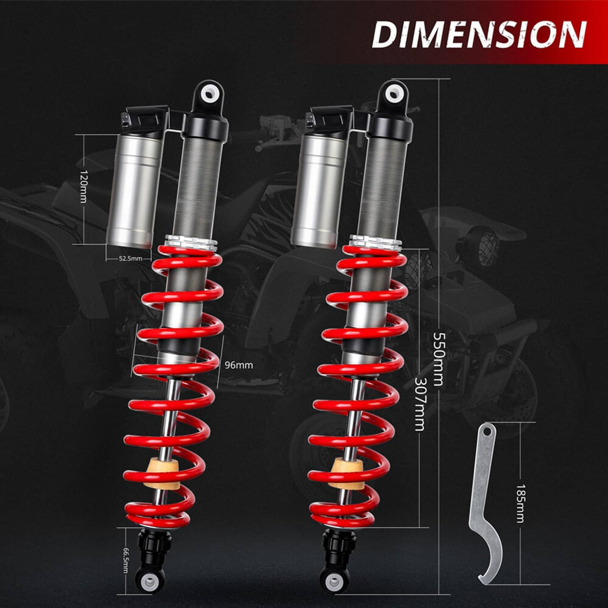 Shock absorber size diagram with red springs, silver cylinders, and mounting bracket